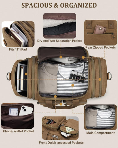 Gonex Canvas Duffle Bag for Travel, Expandable Water Resistant 50L Carry on Duffel Overnight Weekender Gym Bag with Wet Dry Separation Pocket & Suitcase Handle Sleeve,Coffee