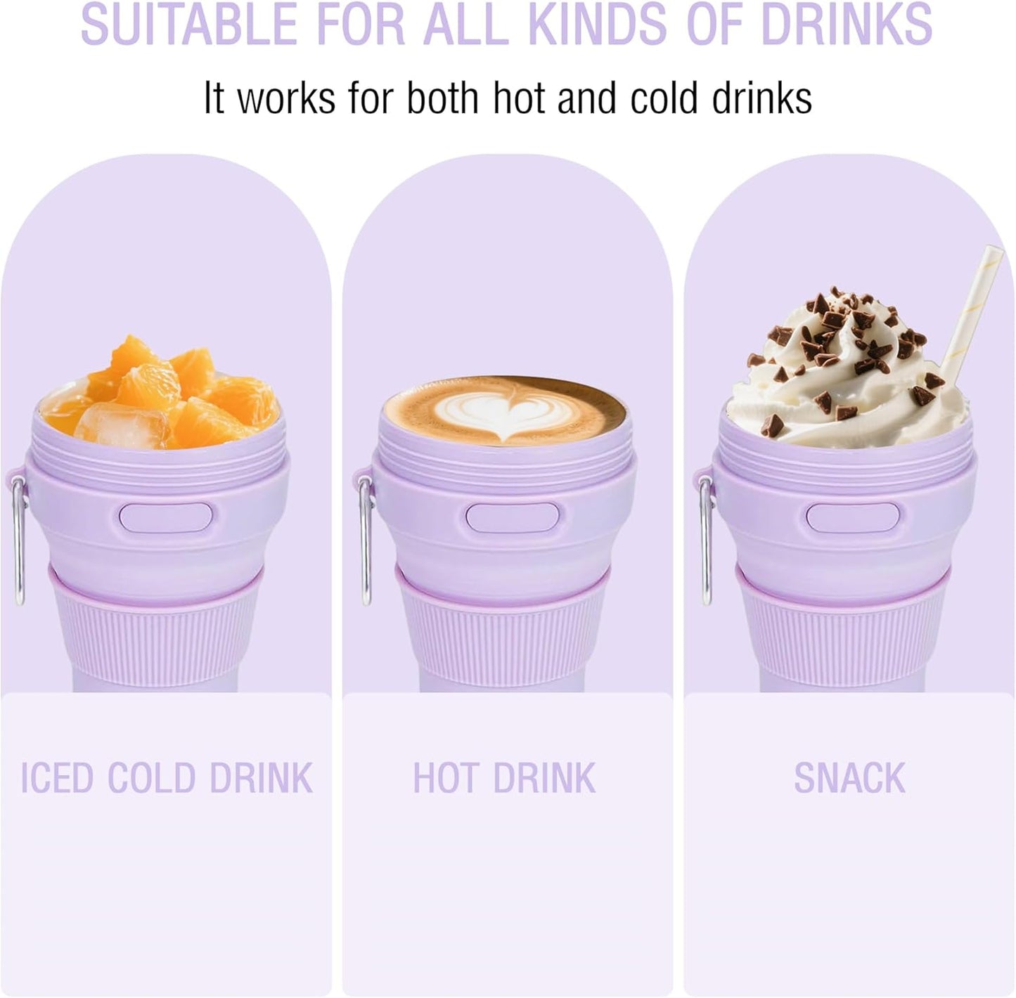 Silicone Collapsible Travel Mug Purple 15oz / 450ml - Leak-Proof Reusable Silicone Water Bottle for Hot and Cold Beverages - Travel Office and Home - Dishwasher Safe - Straw Included