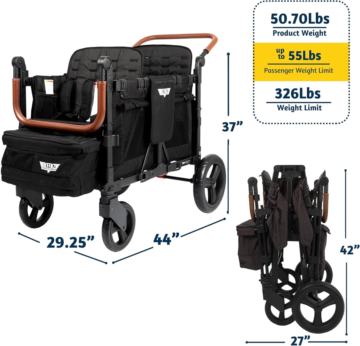 Keenz VYOO Stroller Wagon with Canopy - Foldable Design for Easy Storage, 5 Seating Positions for Kids, Enhanced Child Safety, All-Terrain Mobility, 4-Passangers, Black