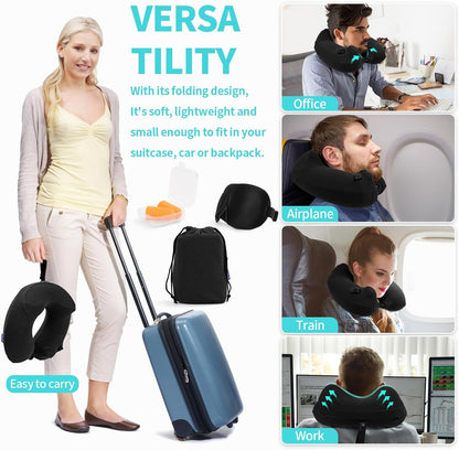 Inflatable Travel Neck Pillow for Airplane, Head Support Velvet Adult Neck Pillow for Long Flight, Kit with Eye Mask, Earplugs and Storage Bag,1, Black