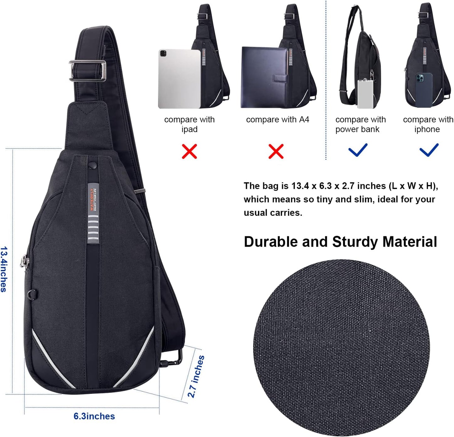 WATERFLY Small Crossbody Sling Backpack Anti Theft Backpack for Traveling Chest Shoulder Bag