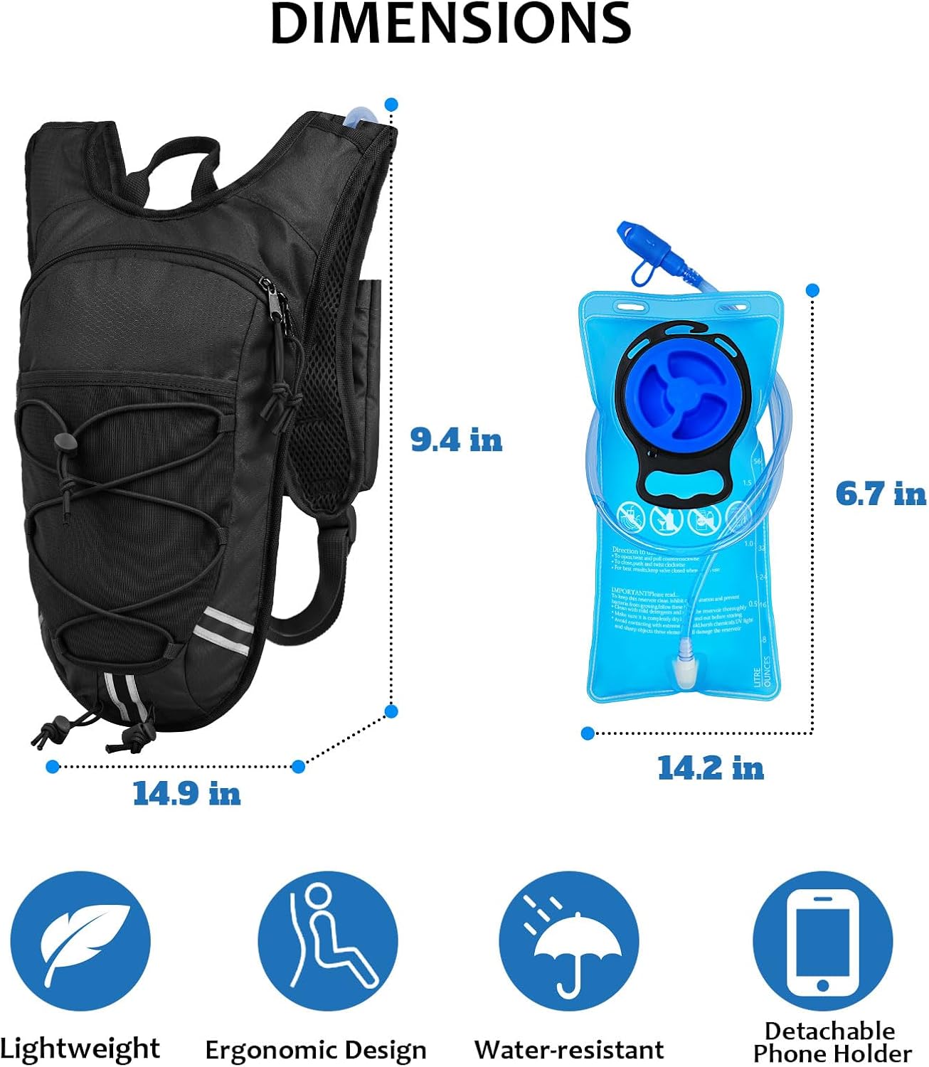 Lightweight Hydration Backpack 2L Water Bladder Pack for Running, Cycling, Hiking – Anti-Theft Water Backpack with Phone Holder, Trekking Pole Holder & Reflective Strips for Men & Women
