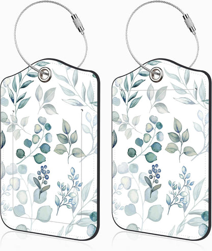 2 Pcs Green Eucalyptus Leaves Luggage Tags for Suitcases PU Leather Baggage Tags Name ID Label with Privacy Cover and Stainless Steel Loop for Men Women Travel Bag Suitcase