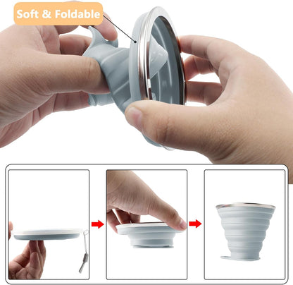 Litoexpe 4 Pack Silicone Collapsible Travel Cup Portable Folding Camping Cup Sets with Lids, Mint Green & Light Gray & Mustard Yellow & Light Brown, Capacity 9.22oz (270ml)