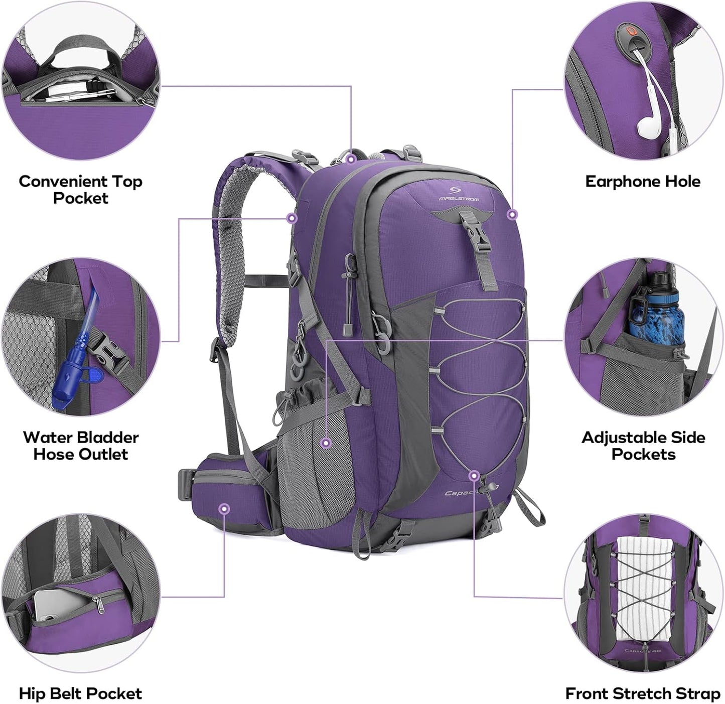 Maelstrom Hiking Backpack,Camping Backpack,40L Waterproof Hiking Daypack with Rain Cover,Lightweight Travel Backpack,Purple