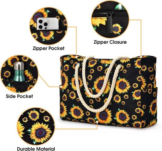 Becokan Beach Bag Large Beach Tote Bag for Women Waterproof Sandproof Swim Pool Bag With Zipper