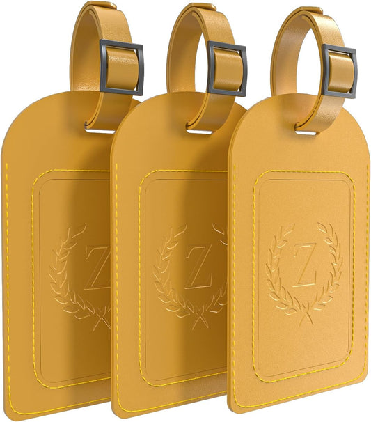 FESAS 3 Pack A-Z Alphabet Luggage Tags - Faux Leather Suitcase Tags with Privacy Cover & Replaceable Card - Initial Letter Monogram for Bags (Yellow)