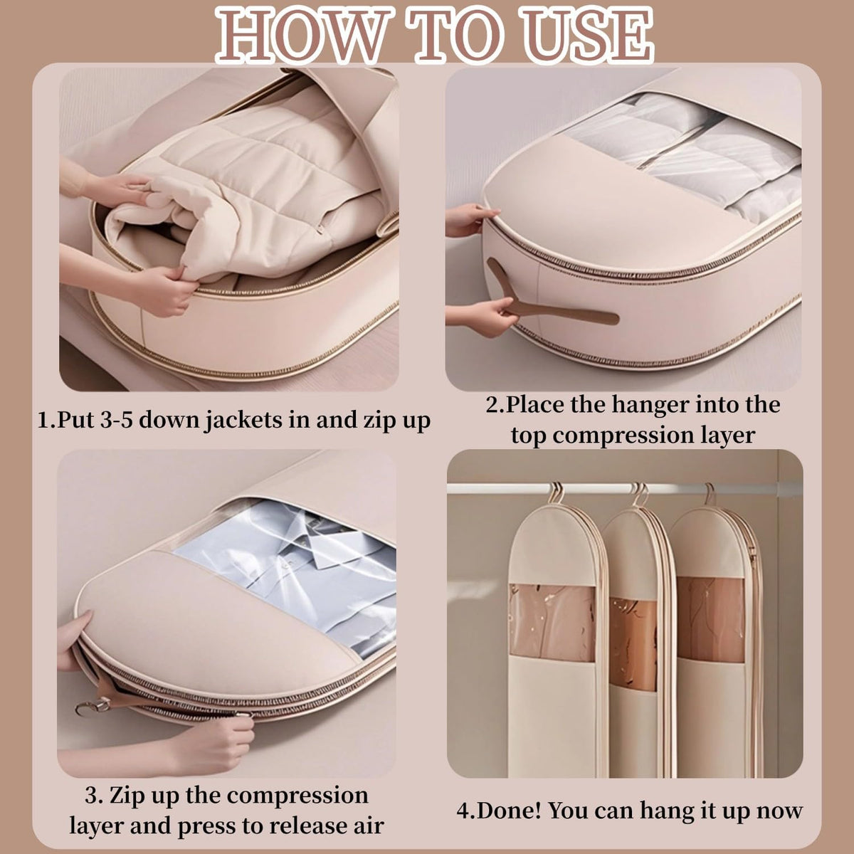 Space Saving Hanging Garment Bag With Self Compression Zipper,Garment Bags for Travel,Dust Cover for Coats Down Jackets, Closet Clothes Organizer with Clear Window (Beige, L*2Pcs)