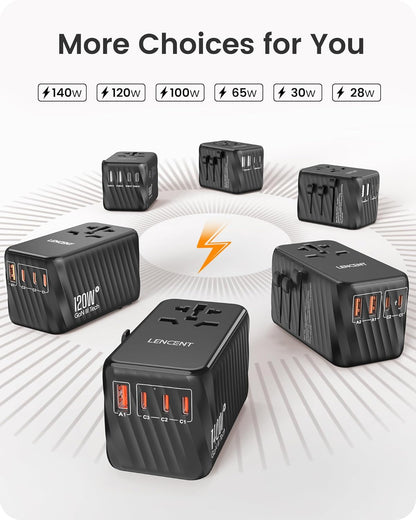 LENCENT Universal Travel Adapter, 100W GaN International Fast Charger with 2 PD3.0 Type C+2 QC USB A, Worldwide Power Adaptor for Phones,Laptops, All in One Travel Essentials for EU/USA/UK/AU, Black