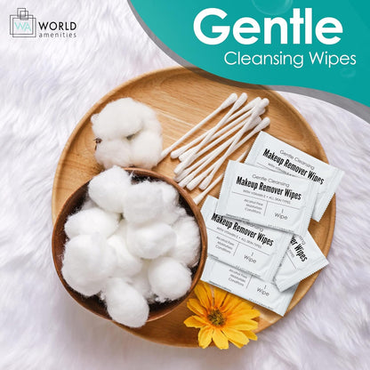 World Amenities - Bulk Makeup Remover Wipes | 500 Count| Individually Wrapped, Gentle Cleansing, Alcohol Free - All Skin Types - Vitamin E - 100% Recyclable, Hotel Travel Size Toiletries