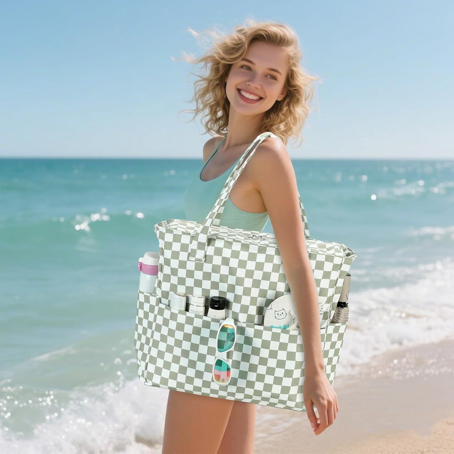 Waterproof Beach Tote Pool Bags for Women Ladies Extra Large Gym Tote Carry On Bag With Wet Compartment for Weekender Travel