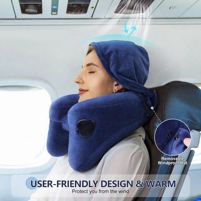 Sunany Neck Pillow for Travel Inflatable Airplane Pillow Comfortably Supports Head,Neck and Chin,Inflatable Travel Pillow with Soft Velour Cover,Hat,Portable Drawstring Bag (Blue)