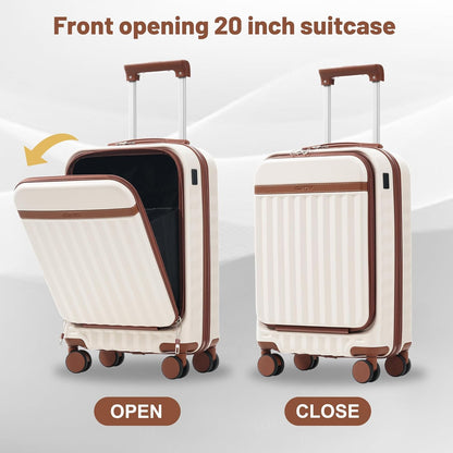 Merax Luggage Sets Front Opening, 2 Piece Hardshell Suitcase with Spinner Wheels and Bags,Lightweight Carry on Luggage with USB Port,20+24,White and Brown