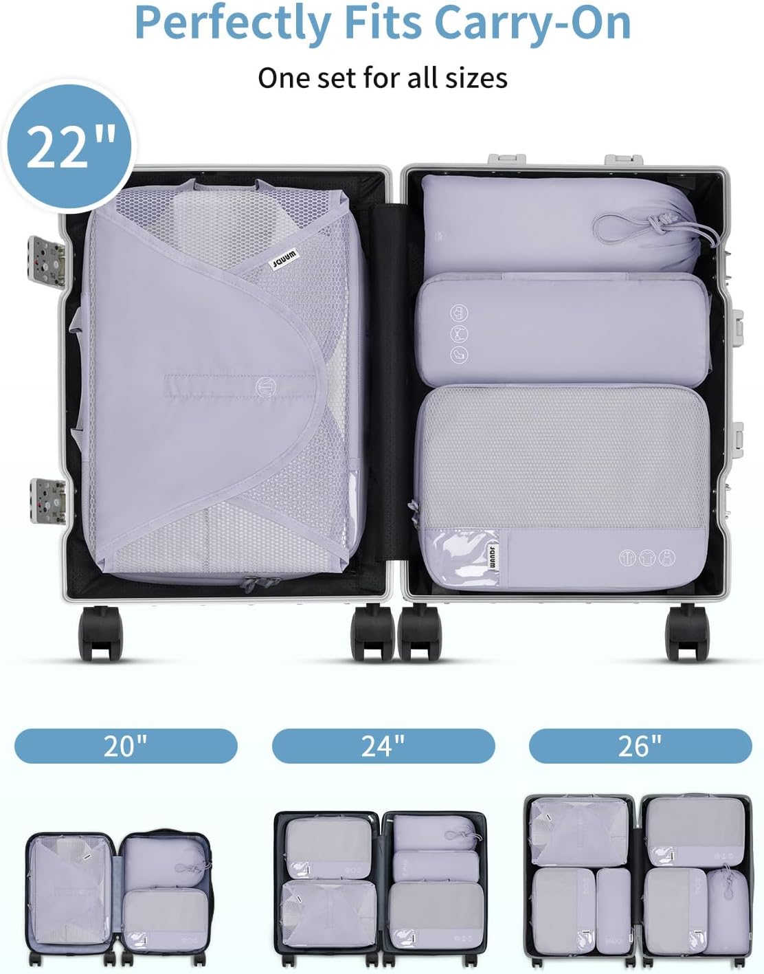 WANDF 7 Set Compression Packing Cubes for Travel, Shirt Folder for Wrinkle-Free, Suitcase Organizer Bags Set for Carry-On Checked Luggage Duffle Bag Women Men(Gray-blue)