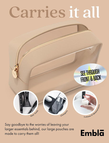 Clear Makeup Bag Zipper Pouch, Transparent Cosmetic Case Organizer, TSA Approved Travel Toiletry Case, Travel Accessories Essentials Makeup Tote for Women, Large Cute Make up Bag for Purse - Sand