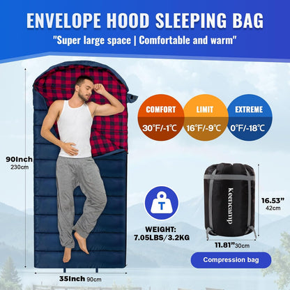 0 Degree Sleeping Bag Cotton Flannel Winter Cold Weather for Adults XXL Sleeping Bag 4 Season Big and Tall with Pillow Compression Sack