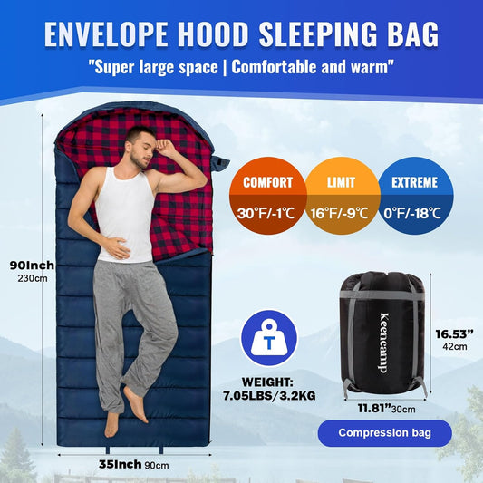 0 Degree Sleeping Bag Cotton Flannel Winter Cold Weather for Adults XXL Sleeping Bag 4 Season Big and Tall with Pillow Compression Sack