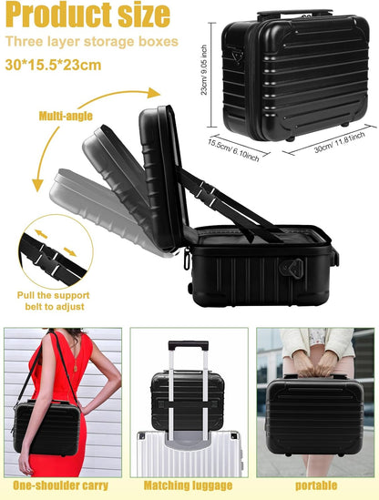 Kalolary Travel Makeup Train Cases,Makeup Bag with 3 Color Lighted Mirror Cosmetic Case Organizer Bag with Adjustable Dividers & Shoulder Strap 3 Layer Portable Makeup Storage Box for Women,Black