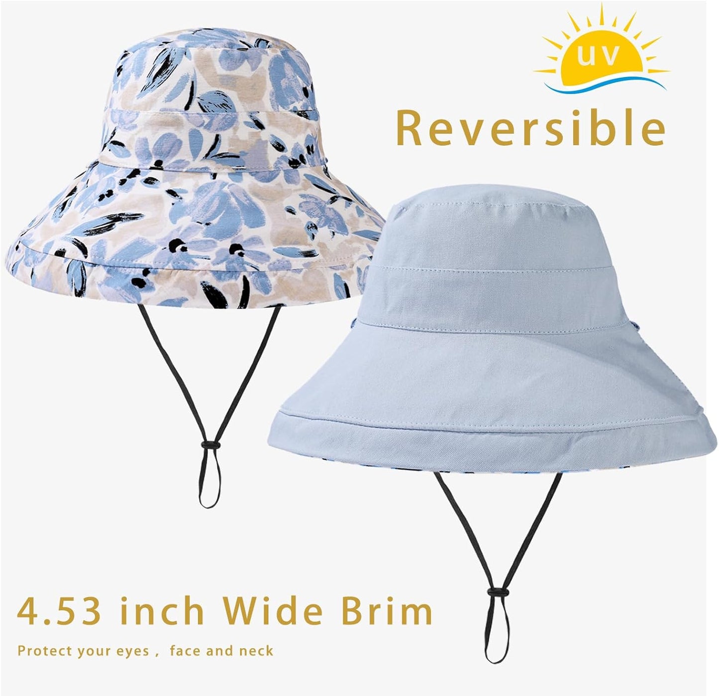vidsel Womens Sun Hats Wide Brim Reversible Bucket Cotton Hat Packable Summer Travel Cap with Hat Clip,UV Protection
