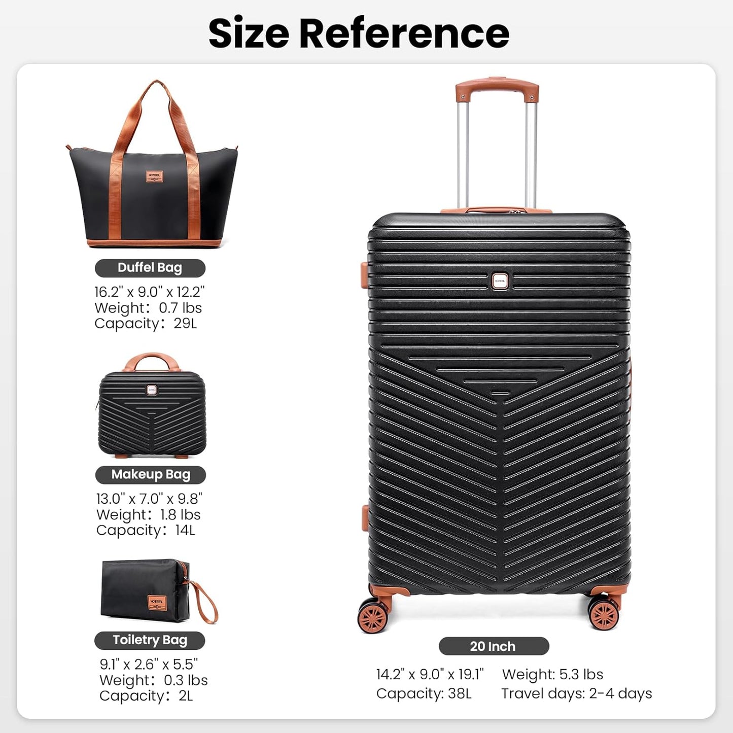 Hoteel 4 Piece Luggage Set (4-YEAR WARRANTY) Carry on ABS+PC Hard Shell Suitcase with Spinner Wheels & TSA Lock (Black)