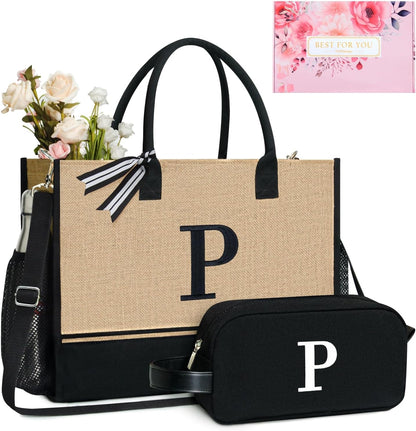 TOPDesign Personalized Initial Canvas Tote Bag, for Wedding, Birthday, Beach, Perfect Gifts for Women, Mom, Teachers, Friends