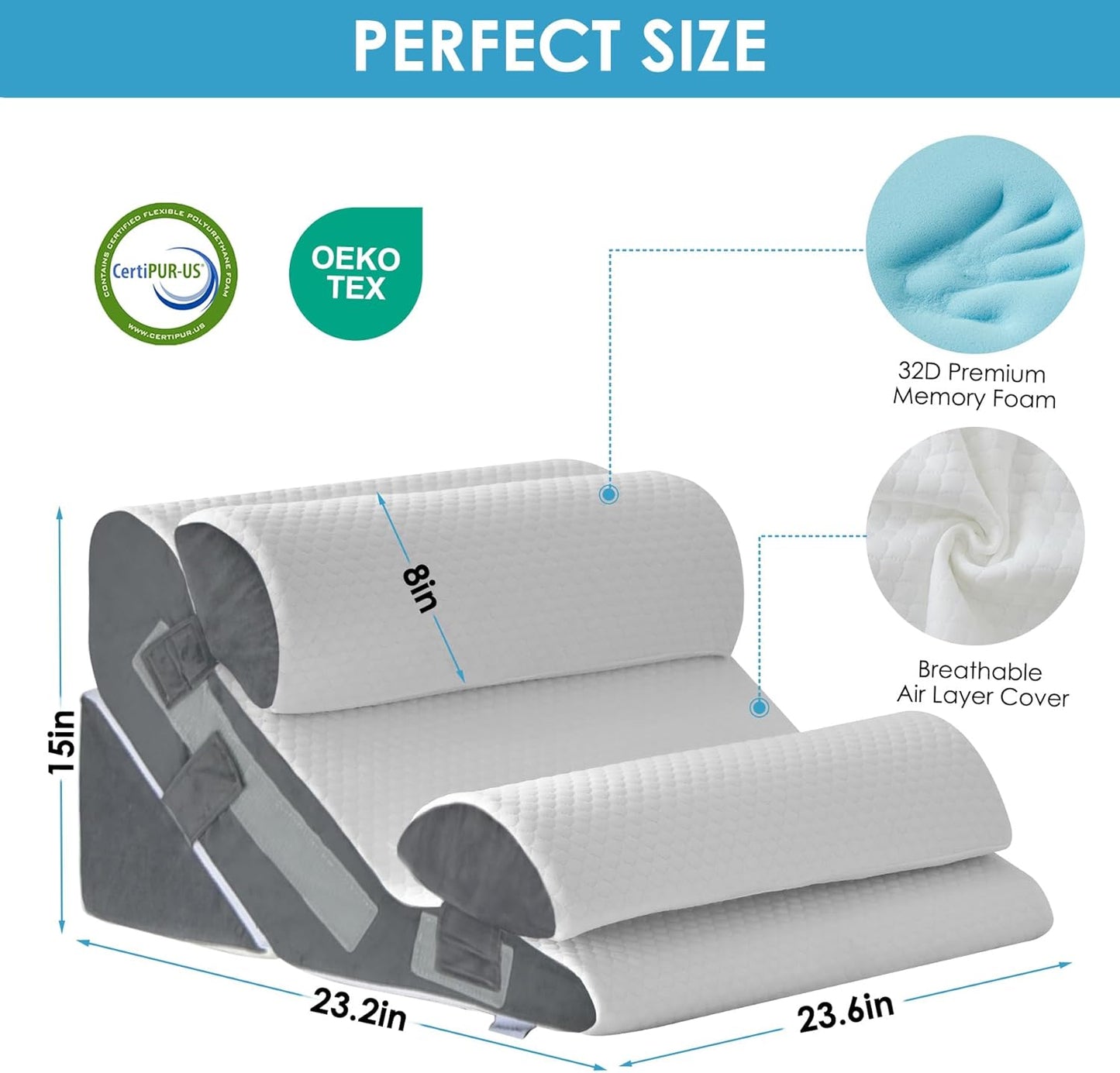 4PCS Bed Wedge Pillow for Headboard, Adjustable Wedge Pillow for Sleep Apnea, 23” Wide Triangle Pillow Wedge Set for After Surgery, Acid Reflux Relief, Snoring, Neck&Back Support, White/Grey