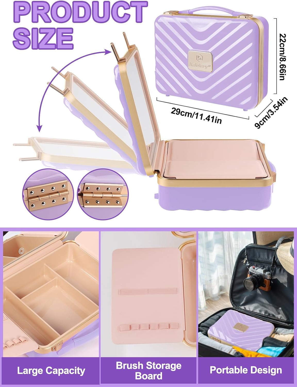 Kalolary Travel Makeup Train Cases with Lighted Mirror 3 Color Setting, Makeup Bag Cosmetic Case Organizer Adjustable Brightness Portable Makeup Storage Box with Detachable 5X Magnifying Mirror Purple