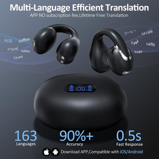 AI Language Translation Earbuds Real Time, IAMJOY Language Translator Earbuds Open Ear Clip-On Design, 163 Language & Accents Two-Way Translator Device with APP for Travel Learning Business, Black