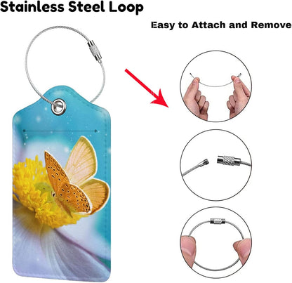 2 Pack Beautiful Sky Blue Luggage Tags for Suitcases, Pretty Yellow Butterfly on White Flower Pattern Unique Leather Suitcase Tags Identifiers with Privacy Name Address Labels for Women Girls Travel