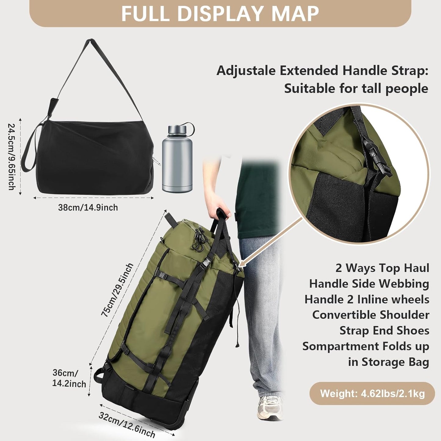 Rolling Duffle Bag with Wheels,86L 30”Folding Duffle Backpack with 2 Wheels,Travel Bag with Separate Shoe Compartment,Green