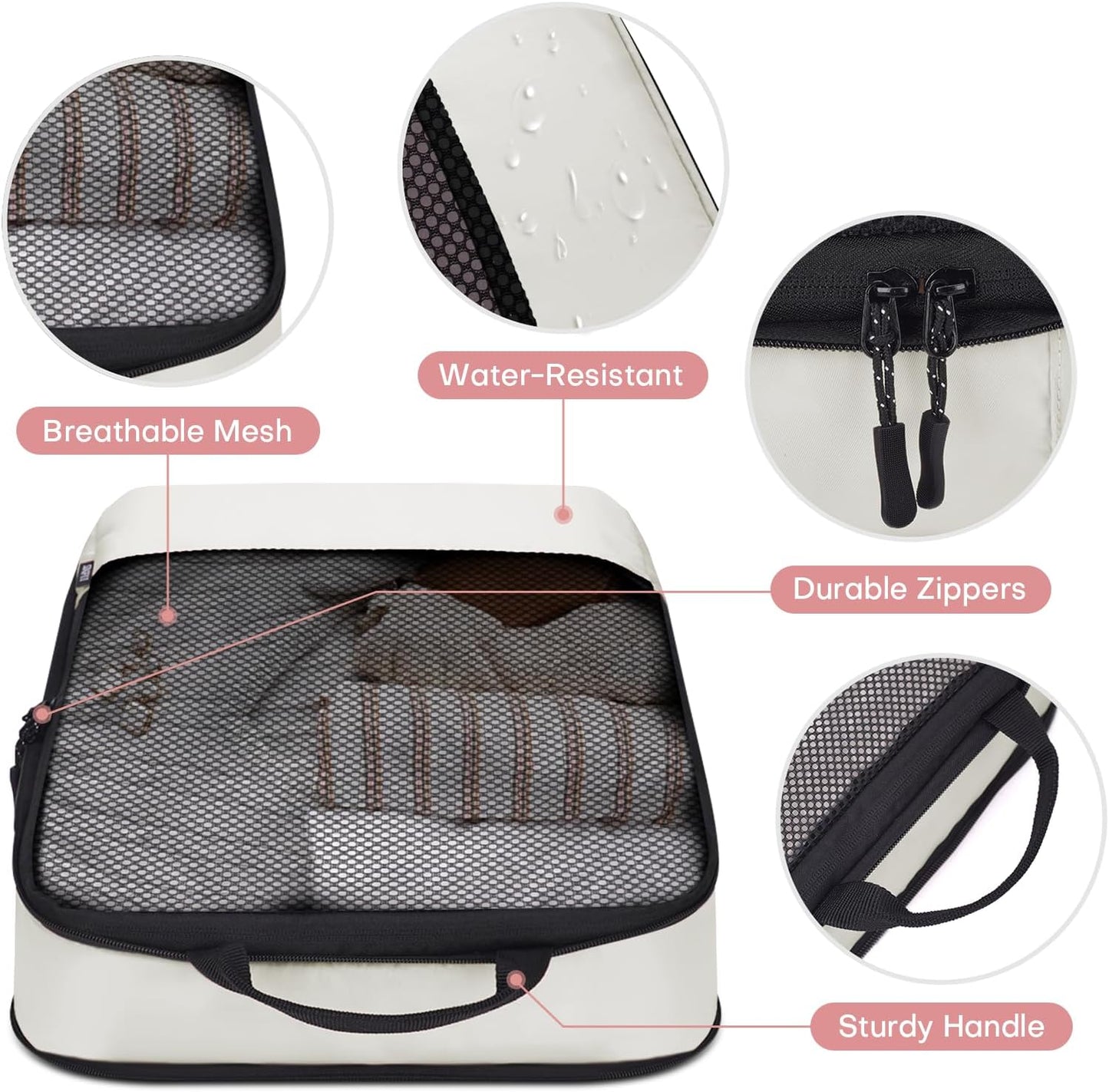 4 PCS Set Compression Packing Cubes for Travel, Lightweight Packaging Organizer Bags for Carry On Space Saving, Travel Essentials Cubes for Suitcase Backpack, Beige