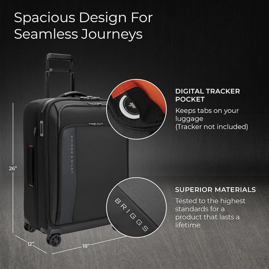 Briggs & Riley 26" Medium Expandable Spinner - Checked Luggage for Travel, Suitcases with Wheels, Softside Rolling Bag for Men & Women - ZDX Collection, Black