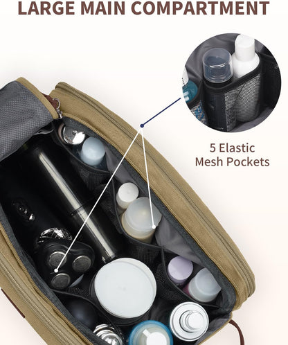 WANDF Toiletry Bag for Men Travel Toiletry Organizer Canvas and Leather Dopp Kit Water-Resistant Shaving Bag for Travel Accessories (Classic Khaki, Large)