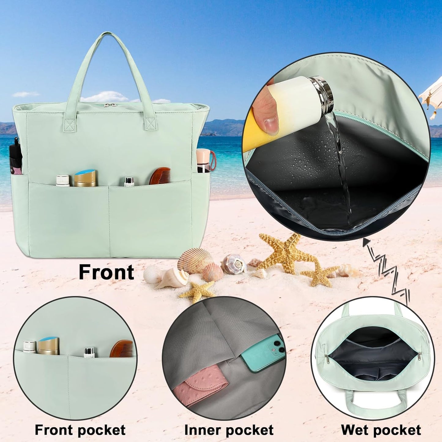 Waterproof Beach Tote Pool Bags for Women Ladies Extra Large Gym Tote Carry On Bag With Wet Compartment for Weekender Travel