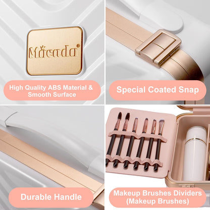 Mocado Travel Makeup Case with Lighted Mirror, 8 Makeup Brushes & 10x Magnifying Mirror, Cosmetic Case with Adjustable Brightness, White