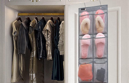 2 Pack Minimalist Black Over The Door Hanging Closet Shoe Holder Organizer with 6 Pockets (Mesh Pockets)