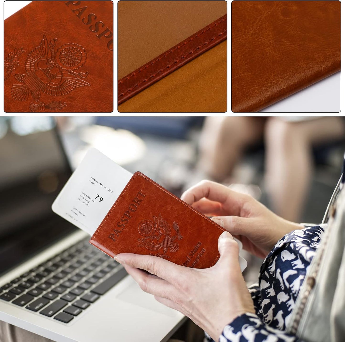 TIGARI Passport Holder for Travel Women Men, PU Leather Passport Wallet Cover Case Sleeve, Waterproof Protected Document Organizer, Family Vacation Plane Cruise Travel Essentials-Brown