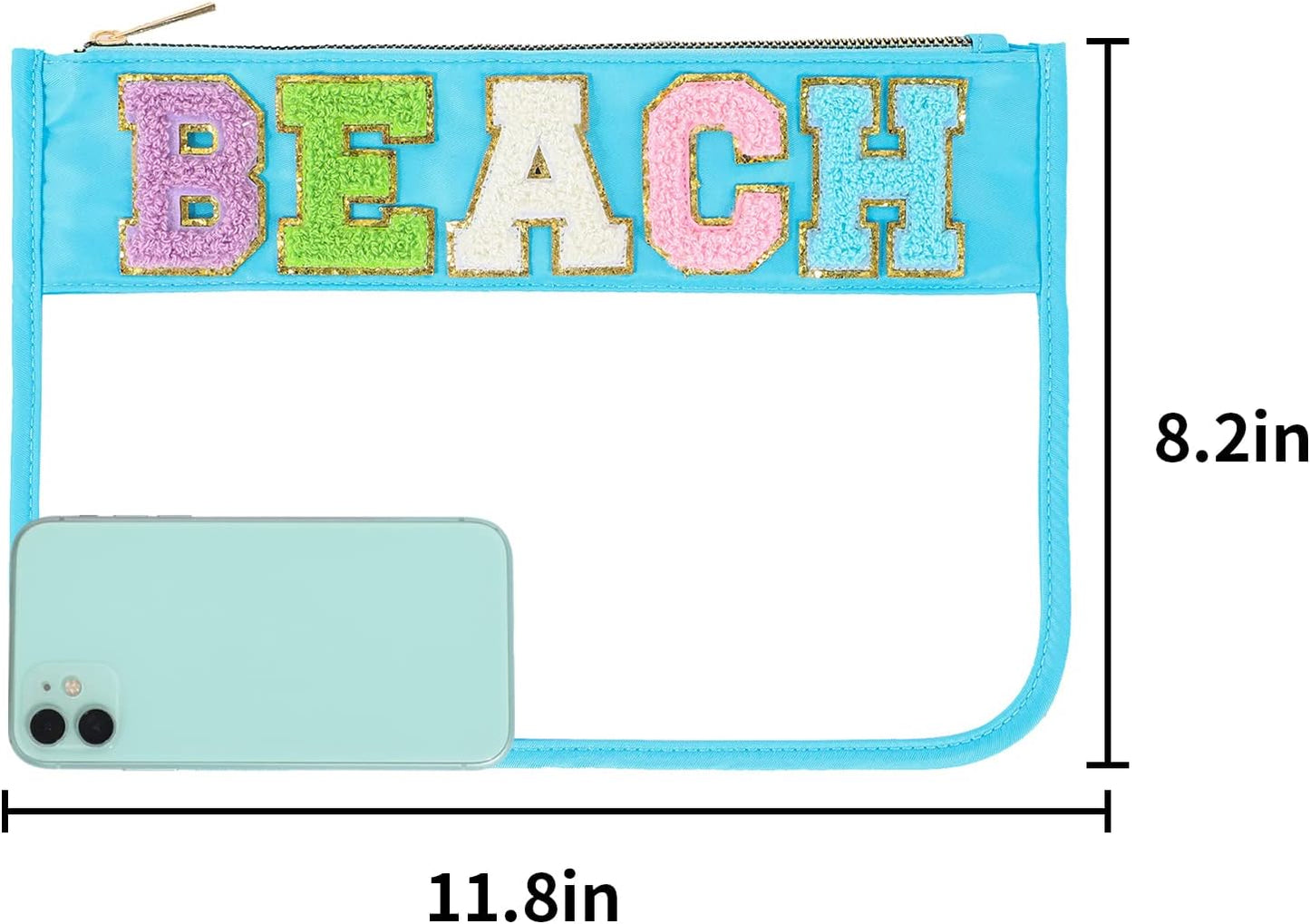 DYSHAYEN Chenille Letter Clear Zipper Pouch for Travel,Nylon Clear Cosmetic Bag,Makeup Travel Bag for Women Girls 11.8 Inches x 8.2 Inches