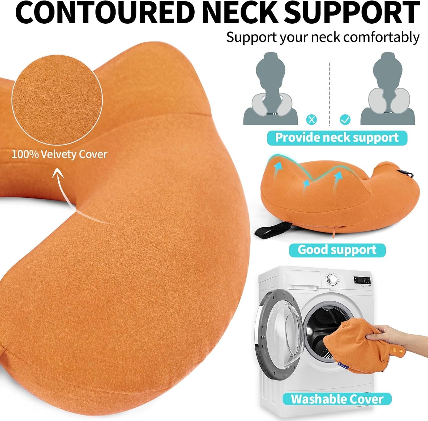 Inflatable Travel Neck Pillow for Airplane, Head Support Velvet Adult Neck Pillow for Long Flight, Kit with Eye Mask, Earplugs and Storage Bag,1, Orange