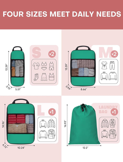 6 PCS Set Compression Packing Cubes for Travel, Lightweight Packing Organizer Bags Travel Essentials for Carry On, Suitcase, Home Closet - Green