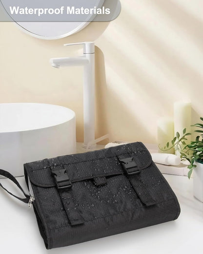 Travel Hanging Toiletry Bag with Makeup Brush Board, Portable Toiletries Bag with Hanging Hook, Water Resistant Wash Bag, Makeup Organizer with Cosmetics for Full Sized Travel Essentials - Black