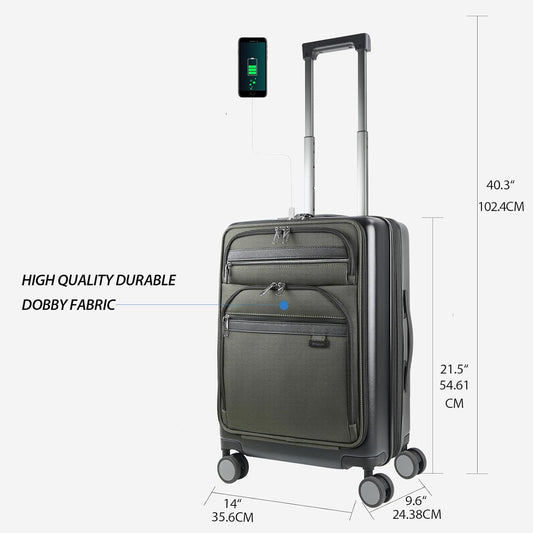 KROSER Hardside Expandable Carry On Luggage 22x14x9 Airline Approved With Front Business Pockets, 20 Inch Suitcases with Wheels, Carry on Suitcase with TSA Lock & USB Port, Black-Army Green