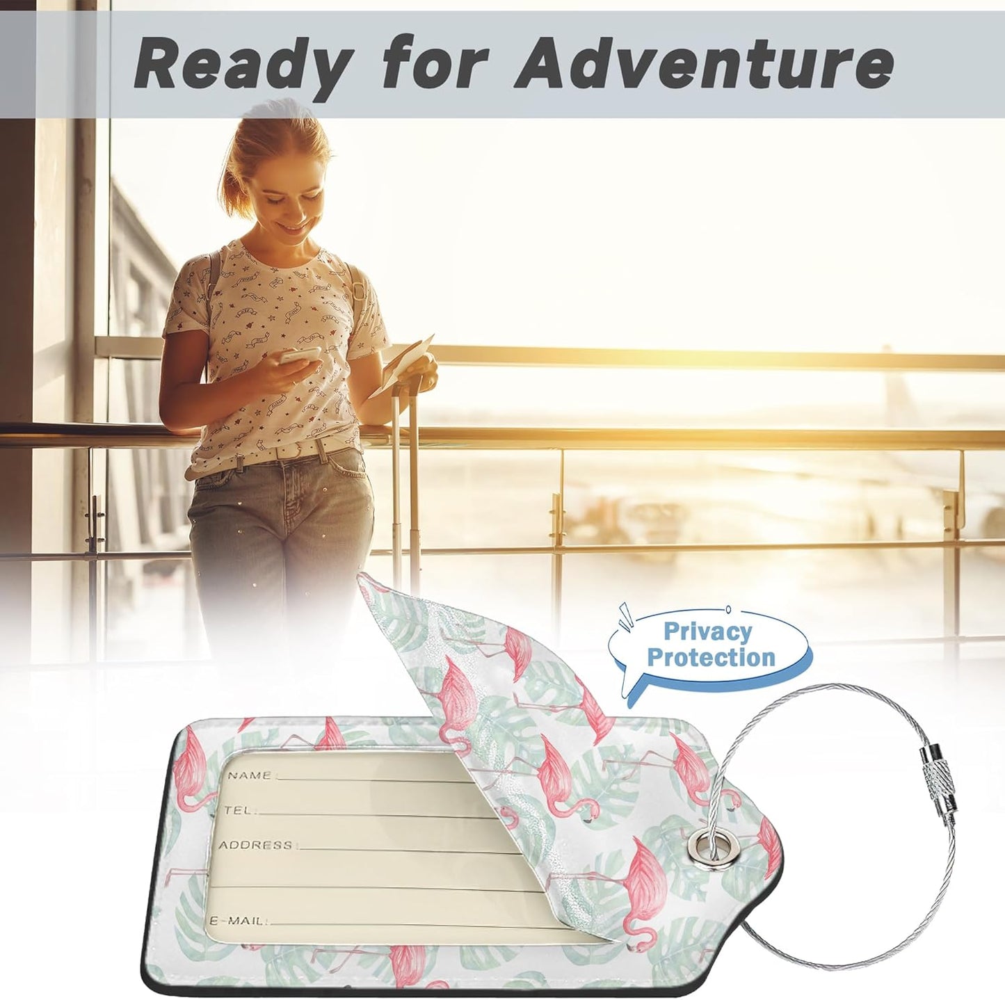 2 Pack Luggage Tag for Suitcase,Flamingos Palm Leafs Leather Suitcase Tags Identifiers with Privacy Name Address Labels and Durable Steel Loop for Women Men Travel