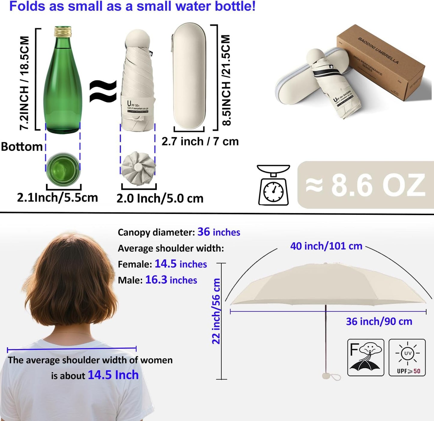 BAODINI Travel Mini Umbrella for Purse With Case Small Compact UV Sun Protection Sun Lightweight Tiny Pocket Umbrella for Women Girls and Men