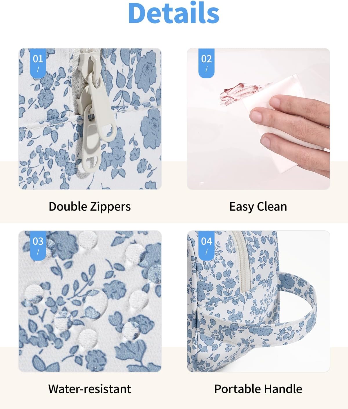 Narwey Clear Toiletry Bags for Traveling Women Men, Clear Travel Bags for Toiletries Makeup Bag Cosmetic Bag with Zipper, Make Up Organizer, Skincare Bag (Little Blue Flower)