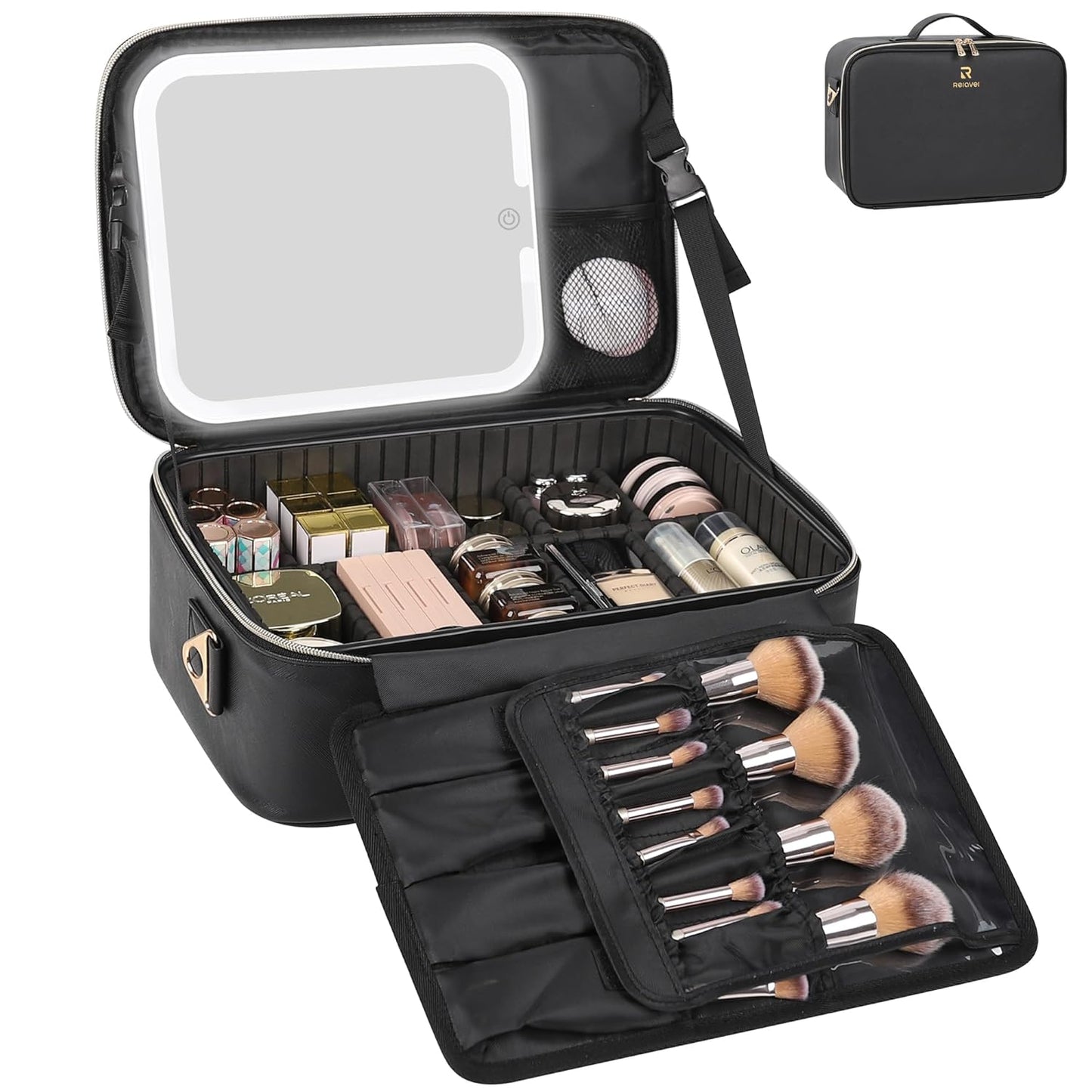 Relavel Makeup Train Case With LED Mirror, Professional Travel Cosmetic Bag with Removable Partitions,Compact Makeup Organizer, Waterproof Toiletry Case for Women, Black