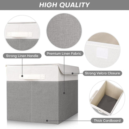 Large 17" 42 Quarts Collapsible Stackable Storage Bins with Lids [3-Pack] Foldable Fabric Linen Storage Boxes Cube, Closet Organizer Baskets with Label (16.7 x 12 x 12", Gray & White)