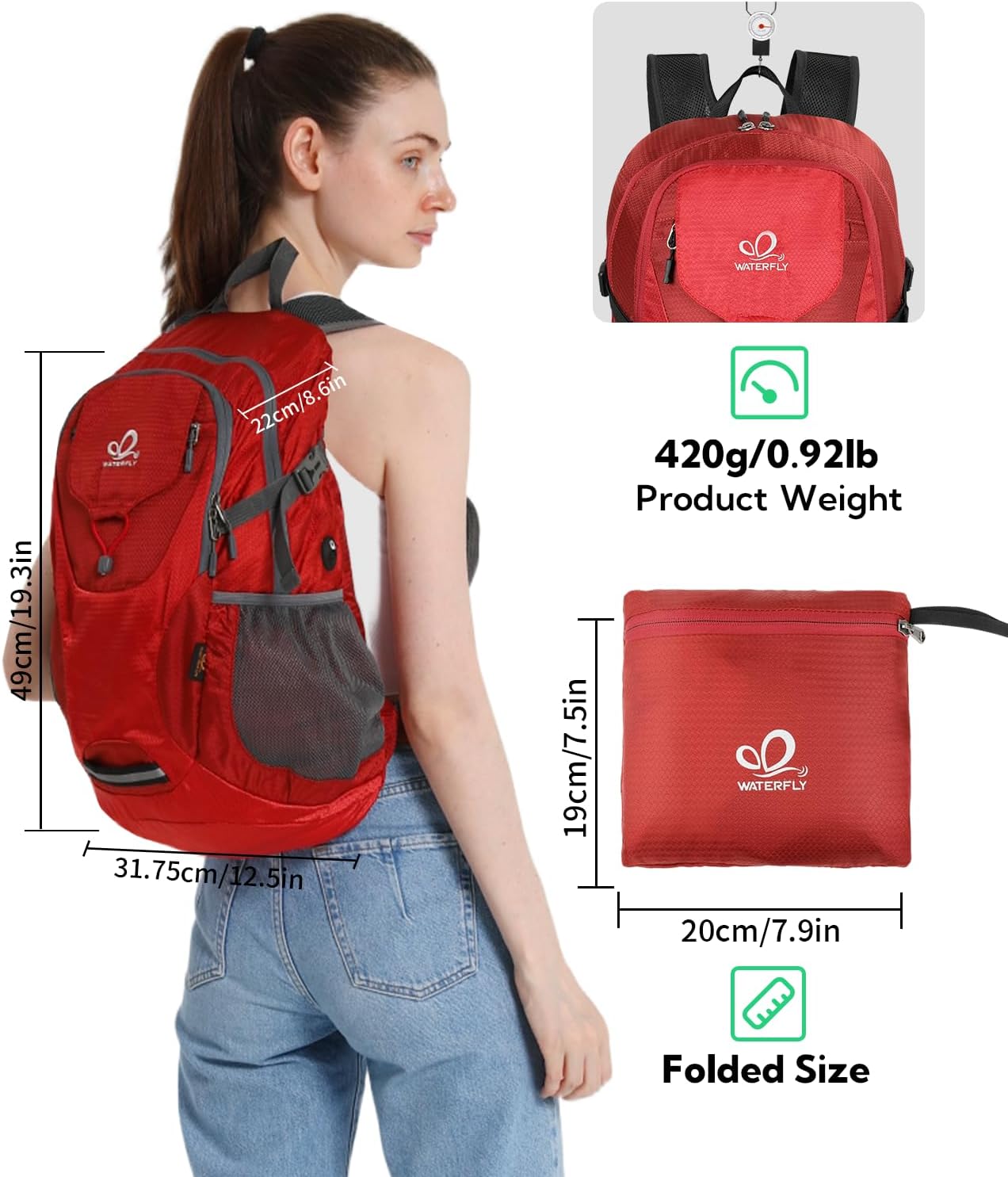 WATERFLY Lightweight Packable Hiking Backpack: 30L Foldable Travel Daypack Ultralight Camping Day Pack for Woman Man