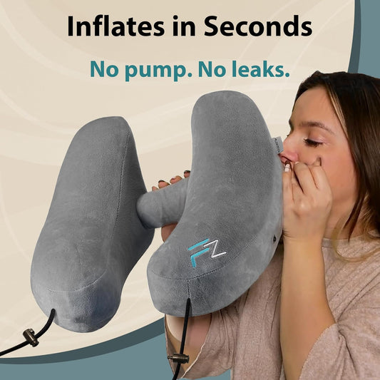 Air Inflatable Neck Pillow for Traveling on Plane - H-Shape Hooded Travel Pillow with 5 Snooze Modes, Fast Inflation, Pressure Control, Cozy Clip-On Hood & Plushy Cover - Size L, Silver Gray