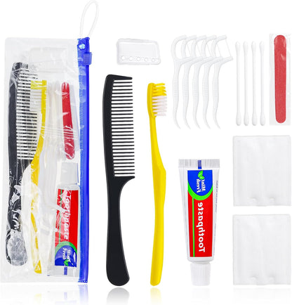 Personal Hygiene Kit Bulk Pack of 50,Yellow Disposable Toothbrushes with Toothpaste Floss Comb Cover and Hotel Vanity Set Basic Travel Toiletry Kit Supplies for Homeless,Charity,Guests